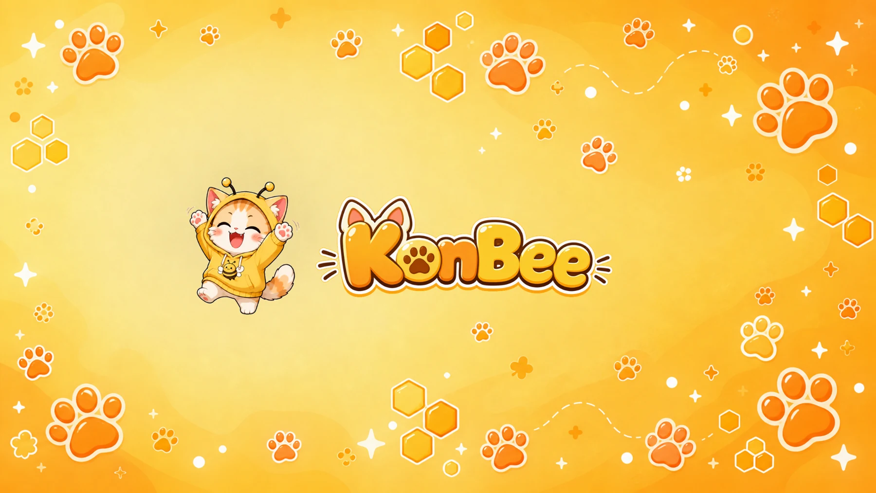 Mascot mèo và logo KonBee trên nền vàng
